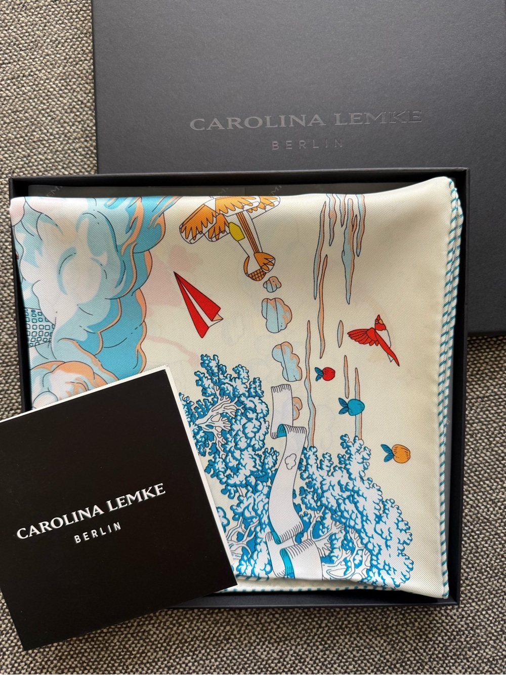NEW Carolina Lemke Blue Silk Cerulean Seas Animal Motif Square Scarf Coastal